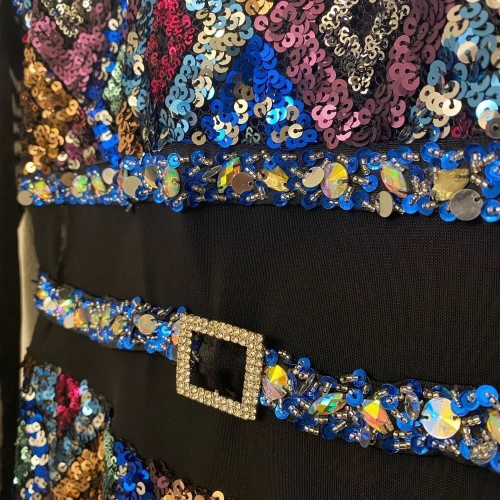 Glamour solo custom dance costume black blue leotard rhinestone LA-Large adult